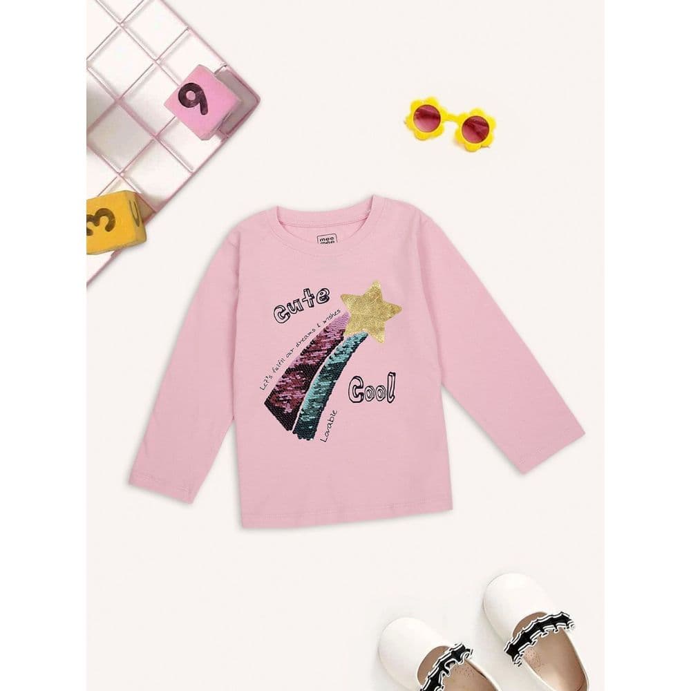Meemee Girls Full Sleeves Printed Cotton T-Shirts In Rose Pink